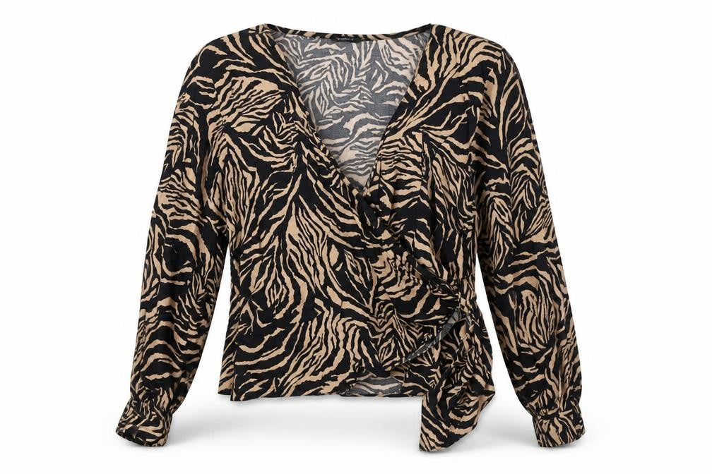 Roman Womens Black Animal Print Viscose Wrap Blouse Size 14 V-Neck - Tiger Print