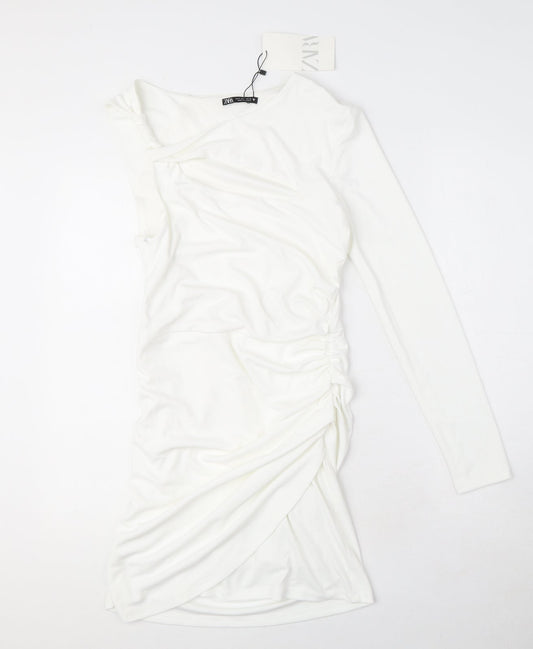 Zara Womens White Polyester Mini Size S One Shoulder Zip - Cut Out Detail