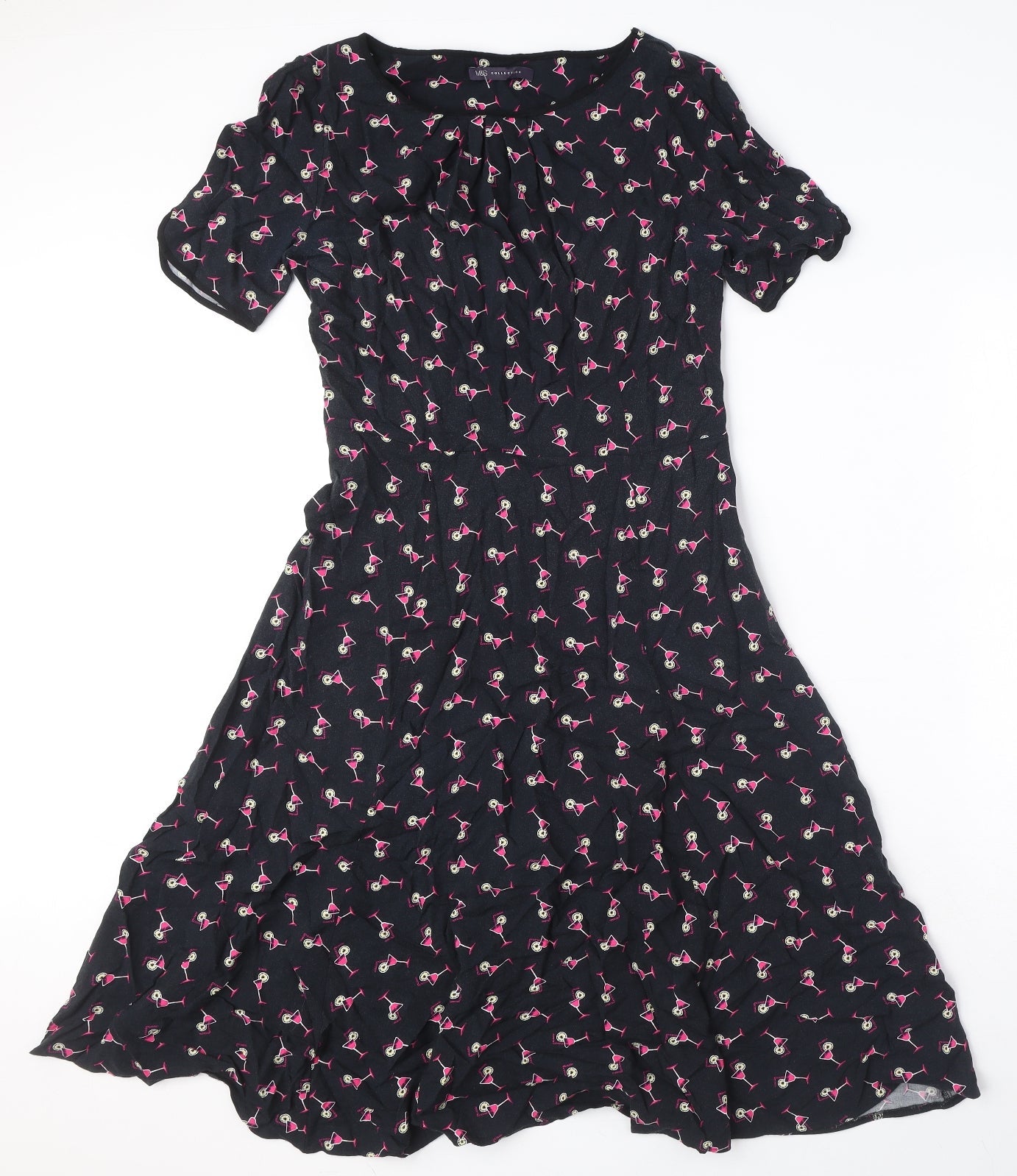 Marks and Spencer Womens Black Geometric Viscose A-Line Size 8 Boat Neck Zip - Cocktail Print