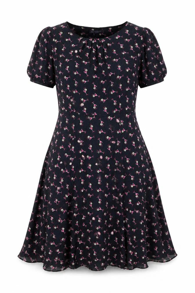 Marks & Spencer Womens Black Geometric Viscose A-Line Size 8 Boat Neck Zip - Cocktail Print