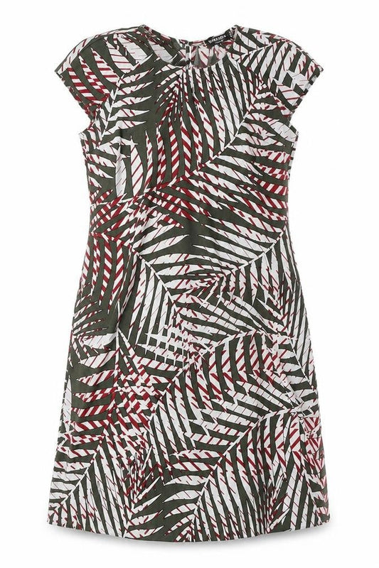 Front view of Principles women’s green geometric polyester a-line, size UK 10, round neck button