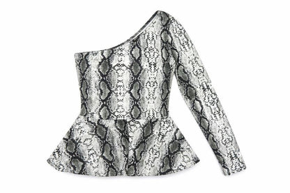 Front view of ASOS women’s black animal print polyester basic t-shirt, size UK 10, one shoulder - snakeskin print