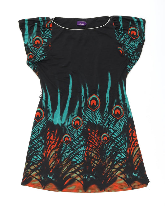 Fska Womens Black Geometric Polyester Skater Dress Size M Boat Neck Pullover