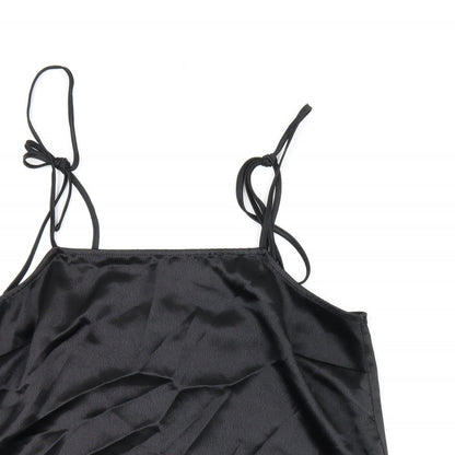 Close-up detail of ASOS women’s black polyester camisole tank, size UK 12, square neck