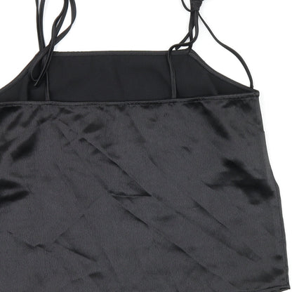 Brand and care label for ASOS women’s black polyester camisole tank, size UK 12, square neck