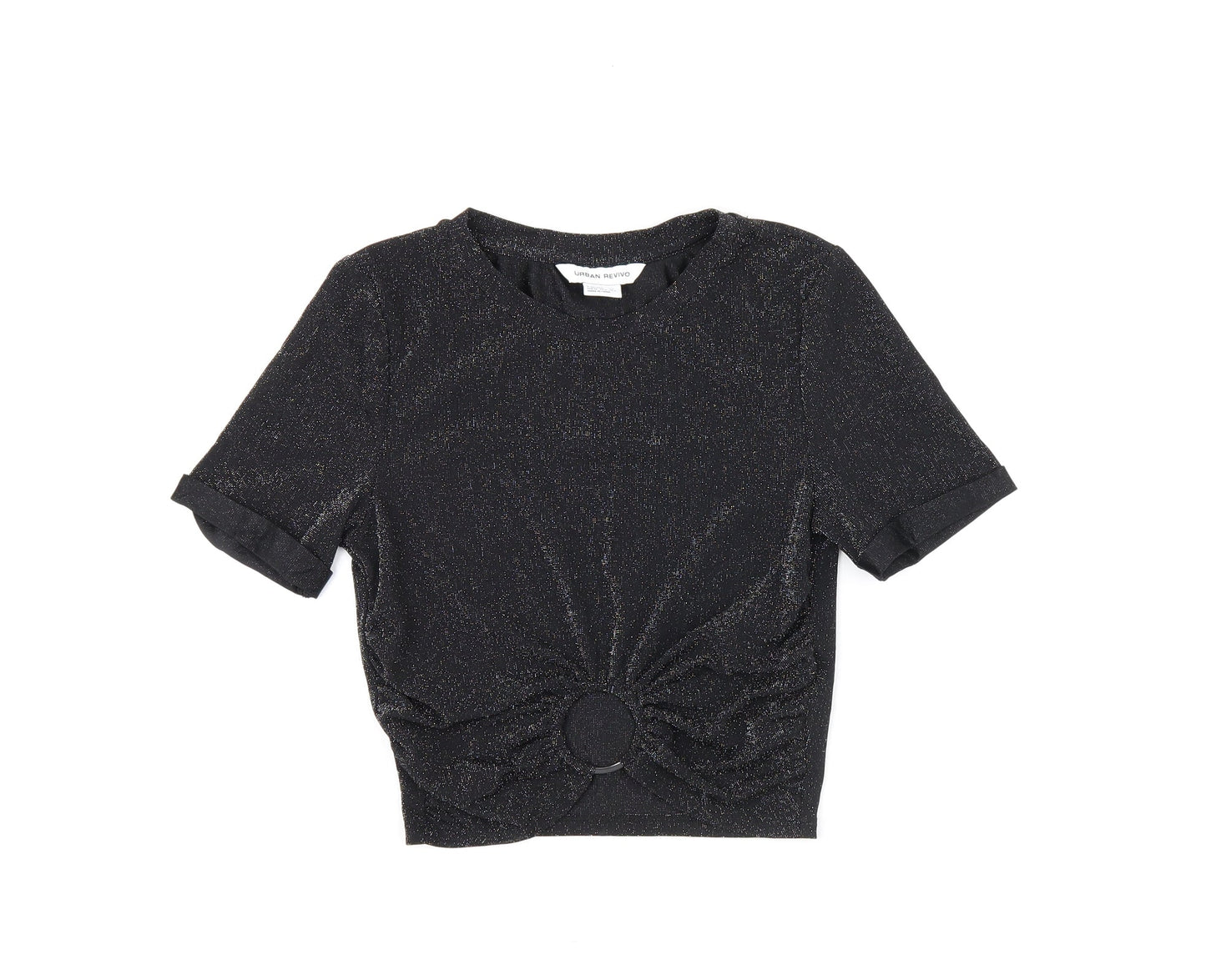 Urban Revivo Womens Black Polyamide Cropped T-Shirt Size 8 Round Neck - Glitter Detail