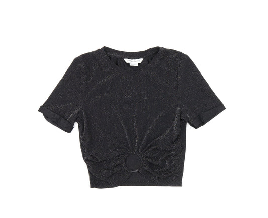 Urban Revivo Womens Black Polyamide Cropped T-Shirt Size 8 Round Neck - Glitter Detail