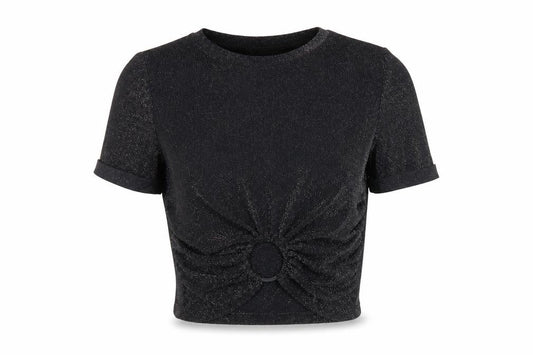 Urban Revivo Womens Black Polyamide Cropped T-Shirt Size 8 Round Neck - Glitter Detail