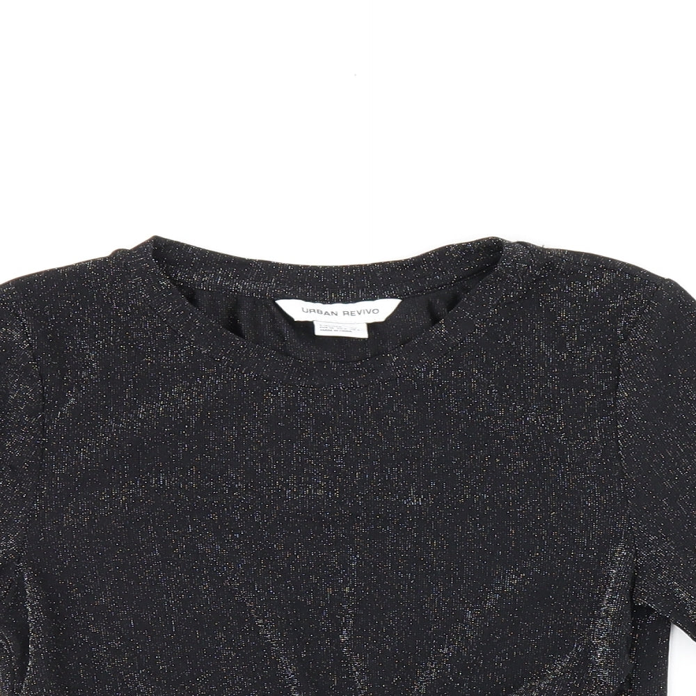 Urban Revivo Womens Black Polyamide Cropped T-Shirt Size 8 Round Neck - Glitter Detail