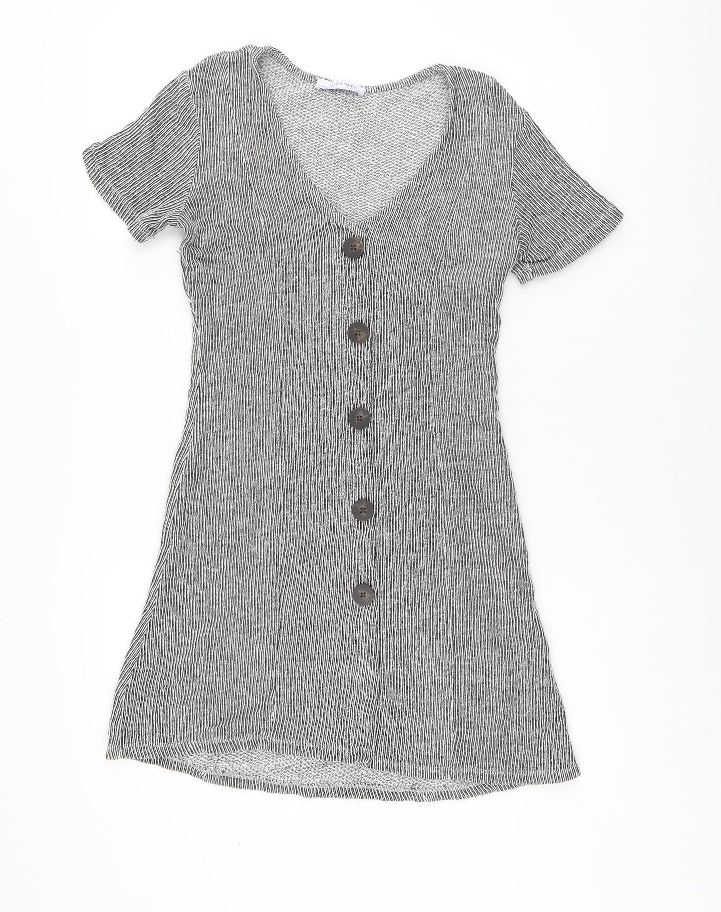 Zara Womens Black Striped Cotton Shift Size 8 V-Neck Pullover - Ribbed