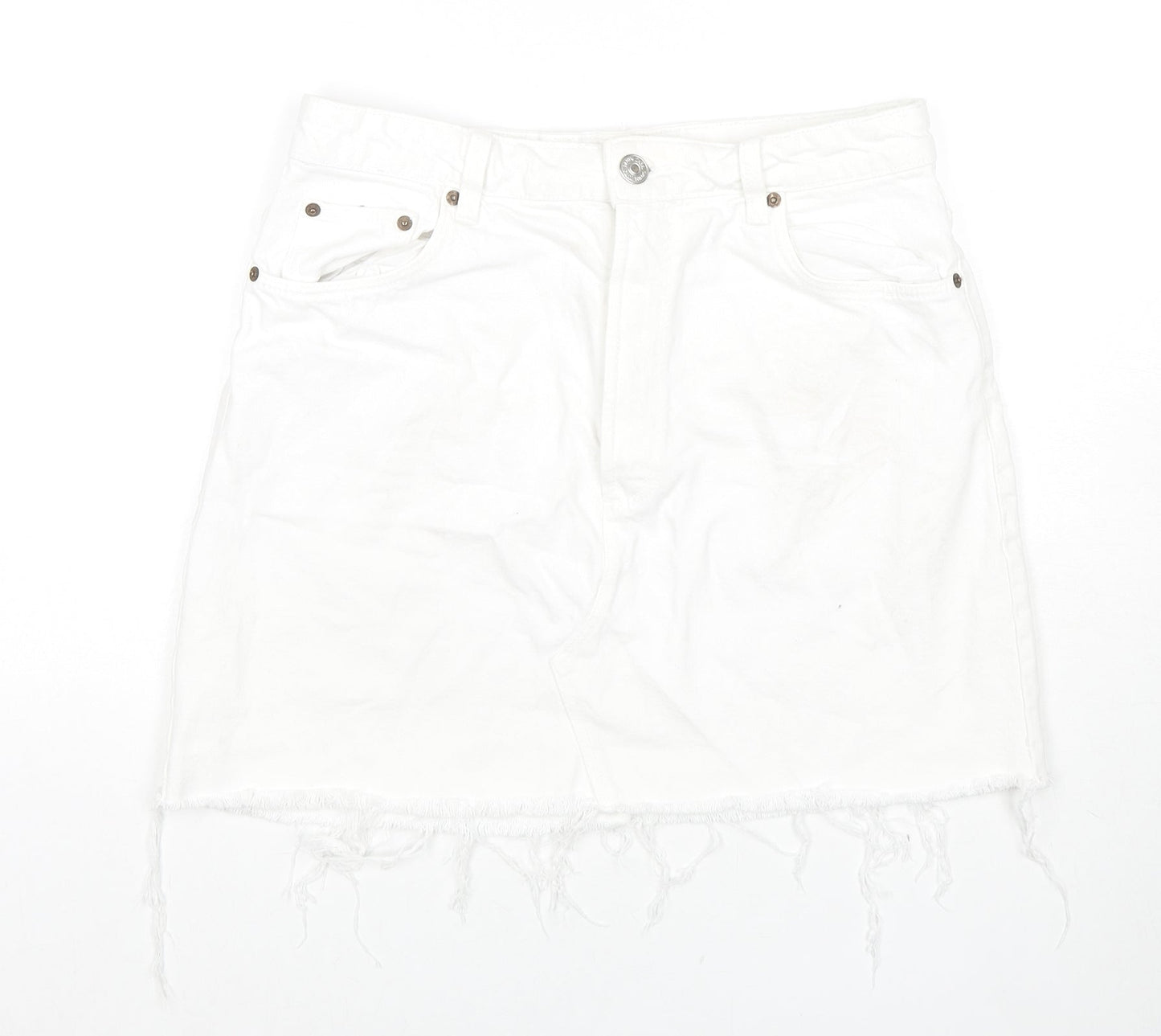 Zara Womens White Cotton A-Line Skirt Size L Zip