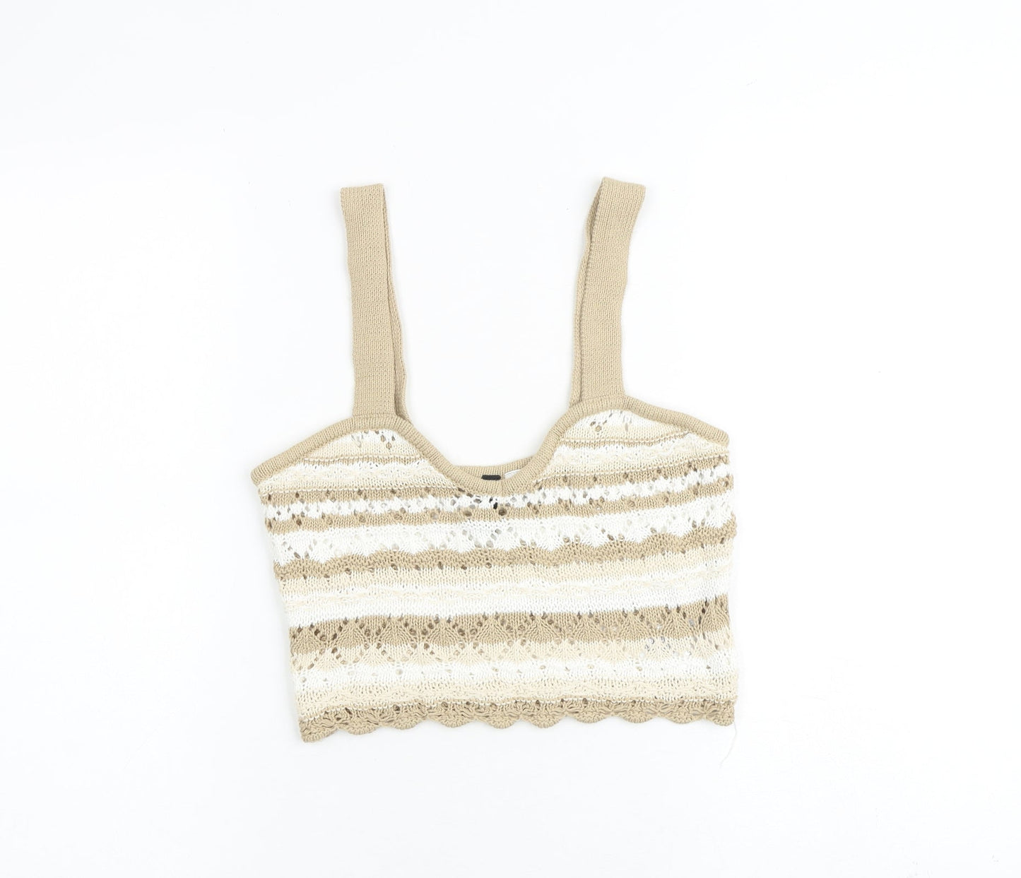 H&M Womens Beige Striped Cotton Cropped Tank Size S Square Neck