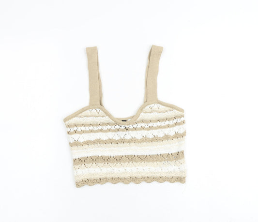 H&M Womens Beige Striped Cotton Cropped Tank Size S Square Neck
