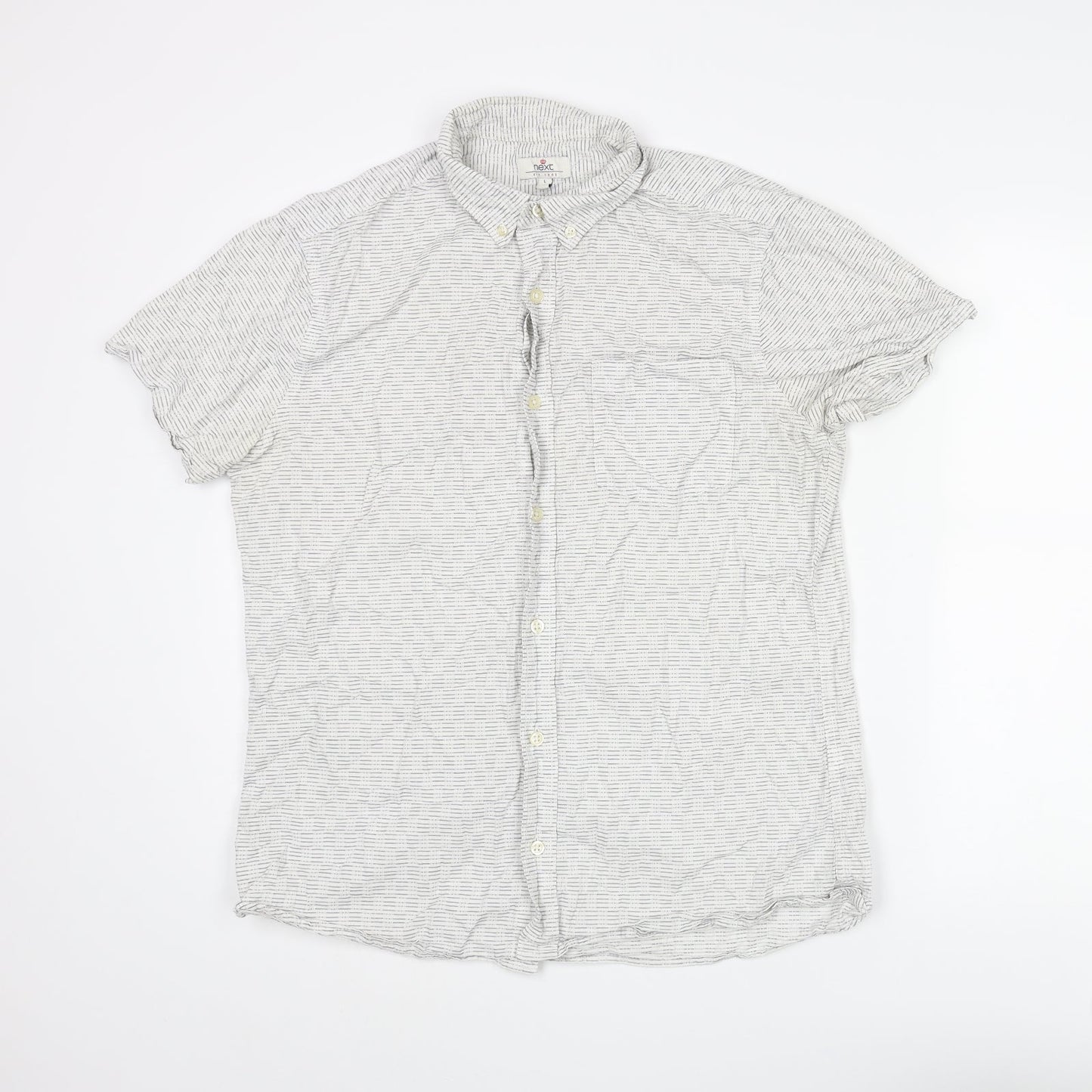 NEXT Mens White Striped Cotton Button-Up Size L Collared Button