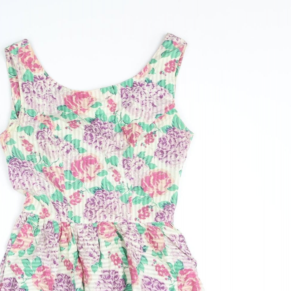 Topshop Womens Multicoloured Floral Cotton Mini Size 6 Scoop Neck Zip - Bow
