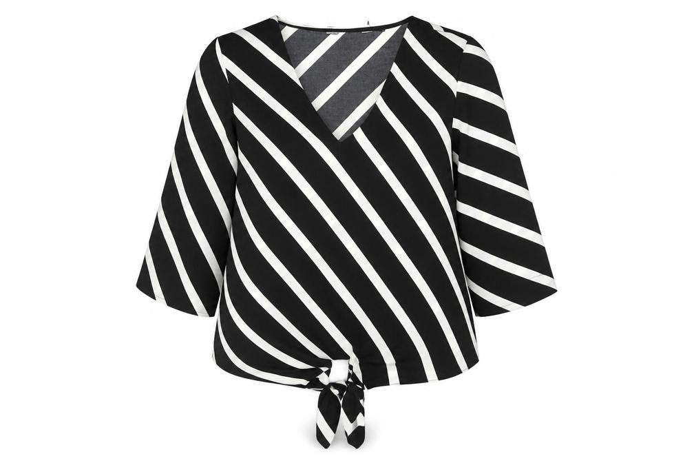 Dorothy Perkins Womens Black Striped Polyester Basic Blouse Size 12 V-Neck - Tie