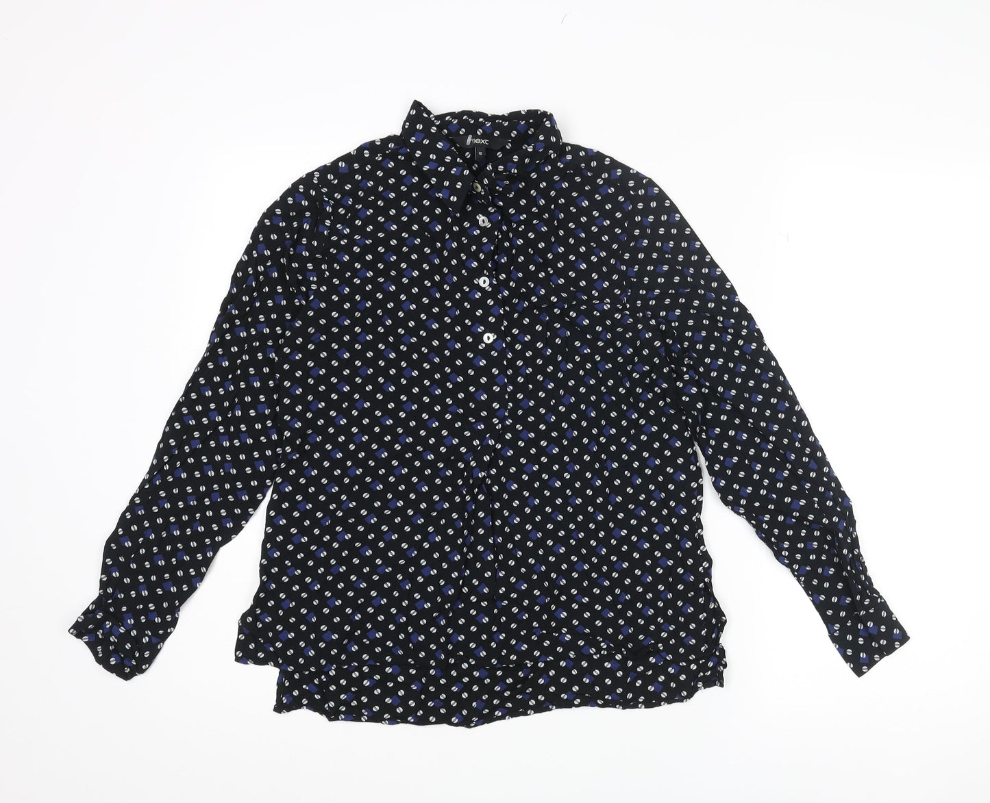 NEXT Womens Black Geometric Viscose Basic Button-Up Size 10 Collared