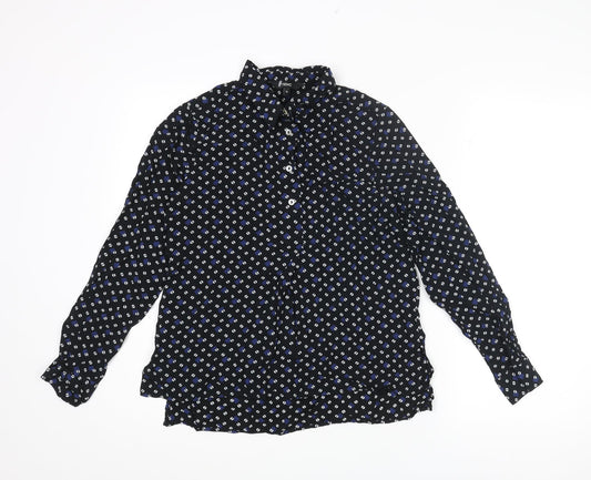 NEXT Womens Black Geometric Viscose Basic Button-Up Size 10 Collared