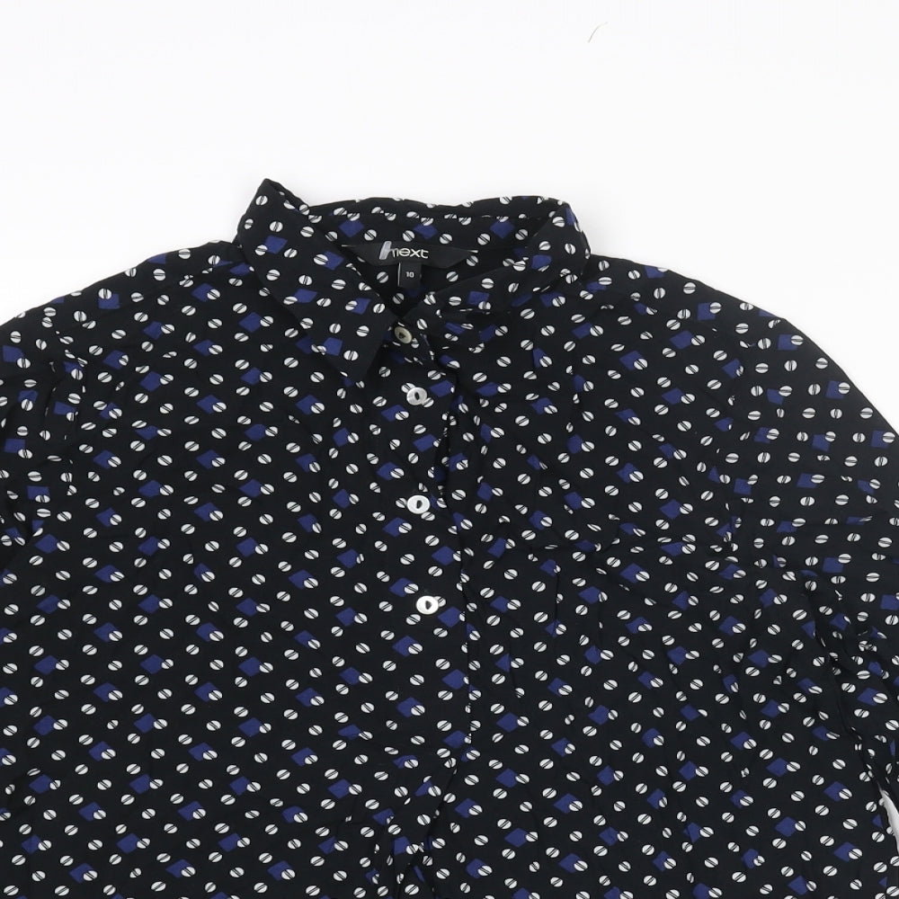 NEXT Womens Black Geometric Viscose Basic Button-Up Size 10 Collared