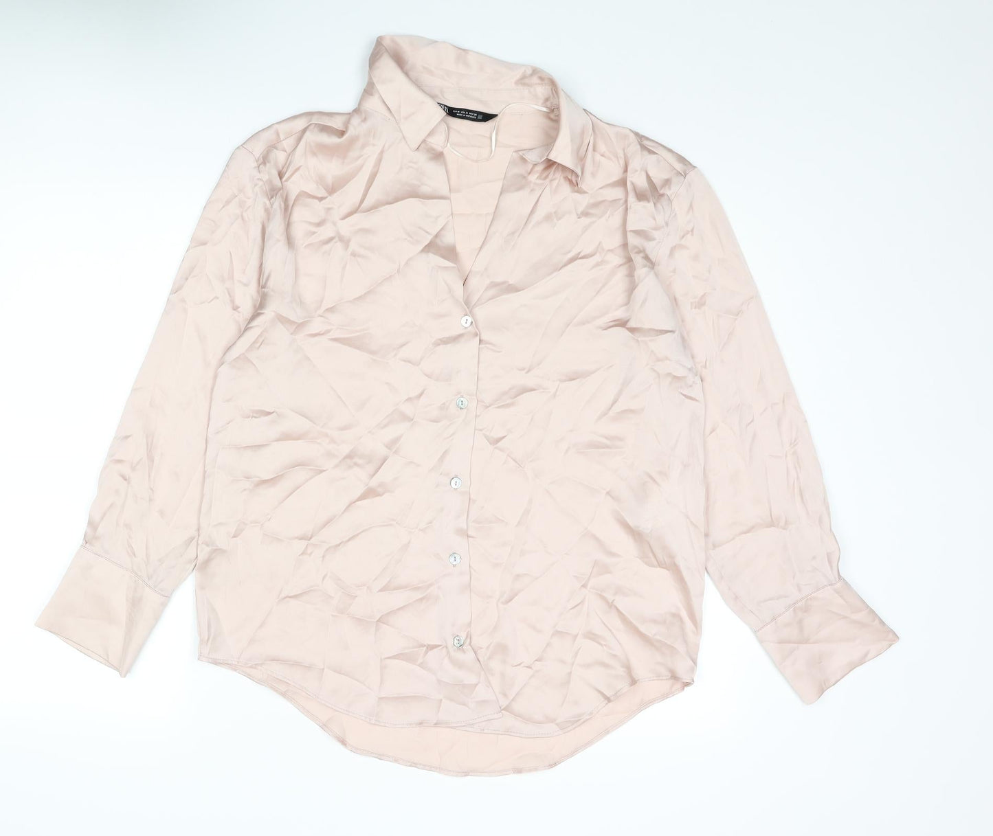 Zara Womens Pink Polyester Basic Button-Up Size M Collared