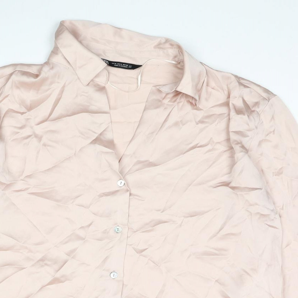 Zara Womens Pink Polyester Basic Button-Up Size M Collared