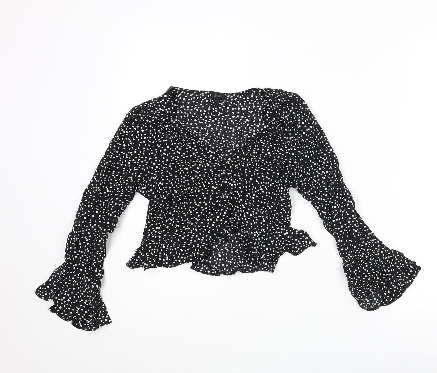River Island Womens Black Polka Dot Viscose Cropped Blouse Size 8 V-Neck - Frill