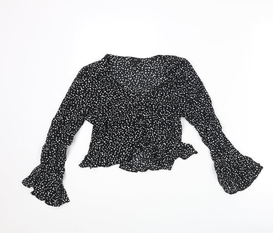 River Island Womens Black Polka Dot Viscose Cropped Blouse Size 8 V-Neck - Frill