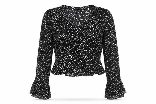 River Island Womens Black Polka Dot Viscose Cropped Blouse Size 8 V-Neck - Frill
