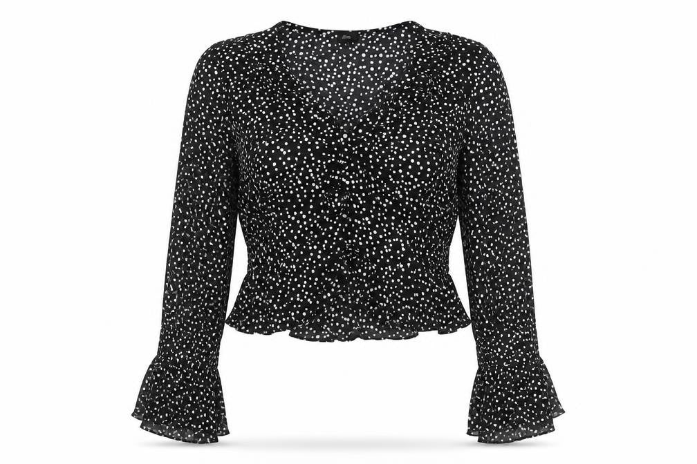 River Island Womens Black Polka Dot Viscose Cropped Blouse Size 8 V-Neck - Frill