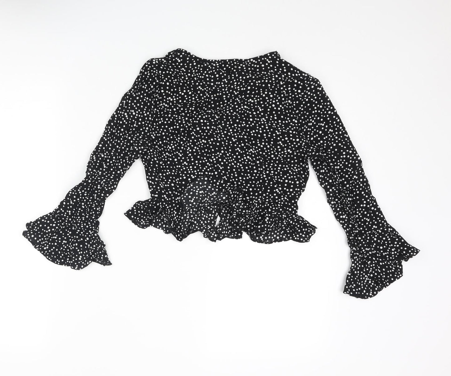 River Island Womens Black Polka Dot Viscose Cropped Blouse Size 8 V-Neck - Frill