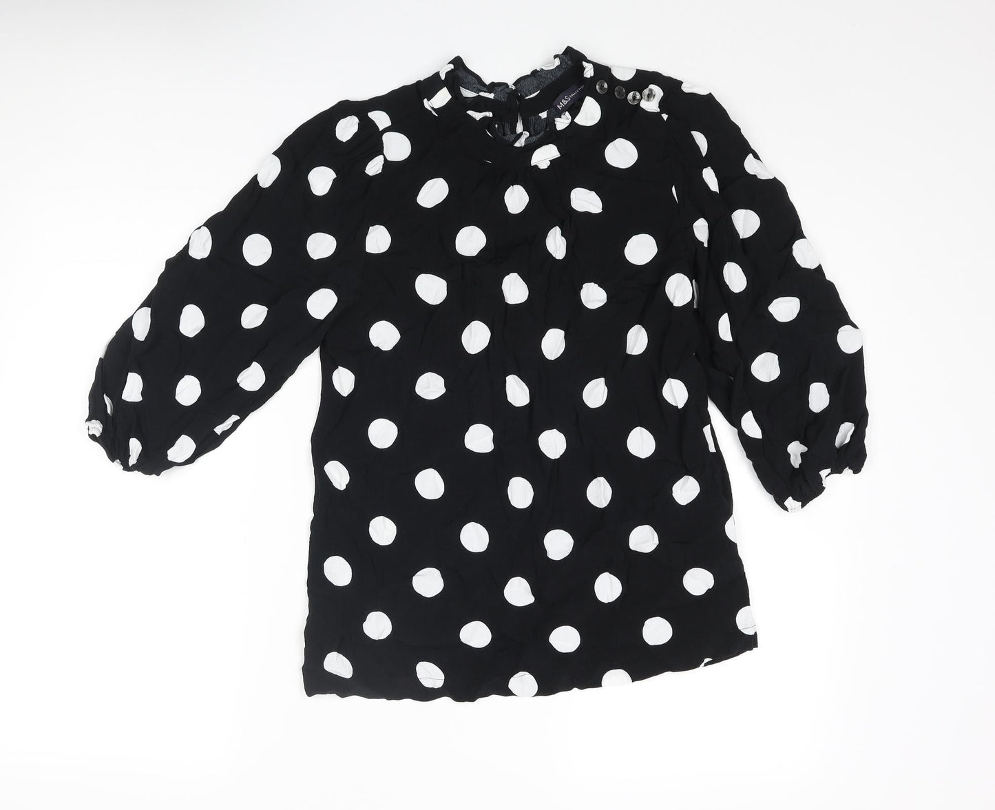 Marks and Spencer Womens Black Polka Dot Viscose Basic Blouse Size 8 Mock Neck