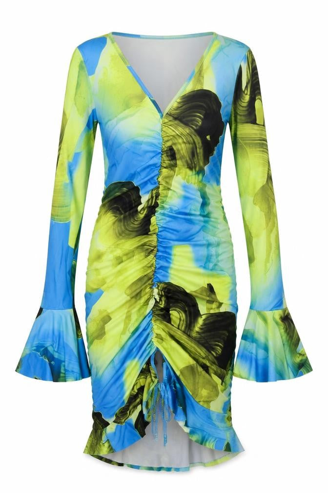PRETTYLITTLETHING Womens Multicoloured Geometric Polyester Bodycon Size 8 V-Neck Pullover - Rouched Frill