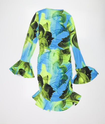 PRETTYLITTLETHING Womens Multicoloured Geometric Polyester Bodycon Size 8 V-Neck Pullover - Rouched Frill