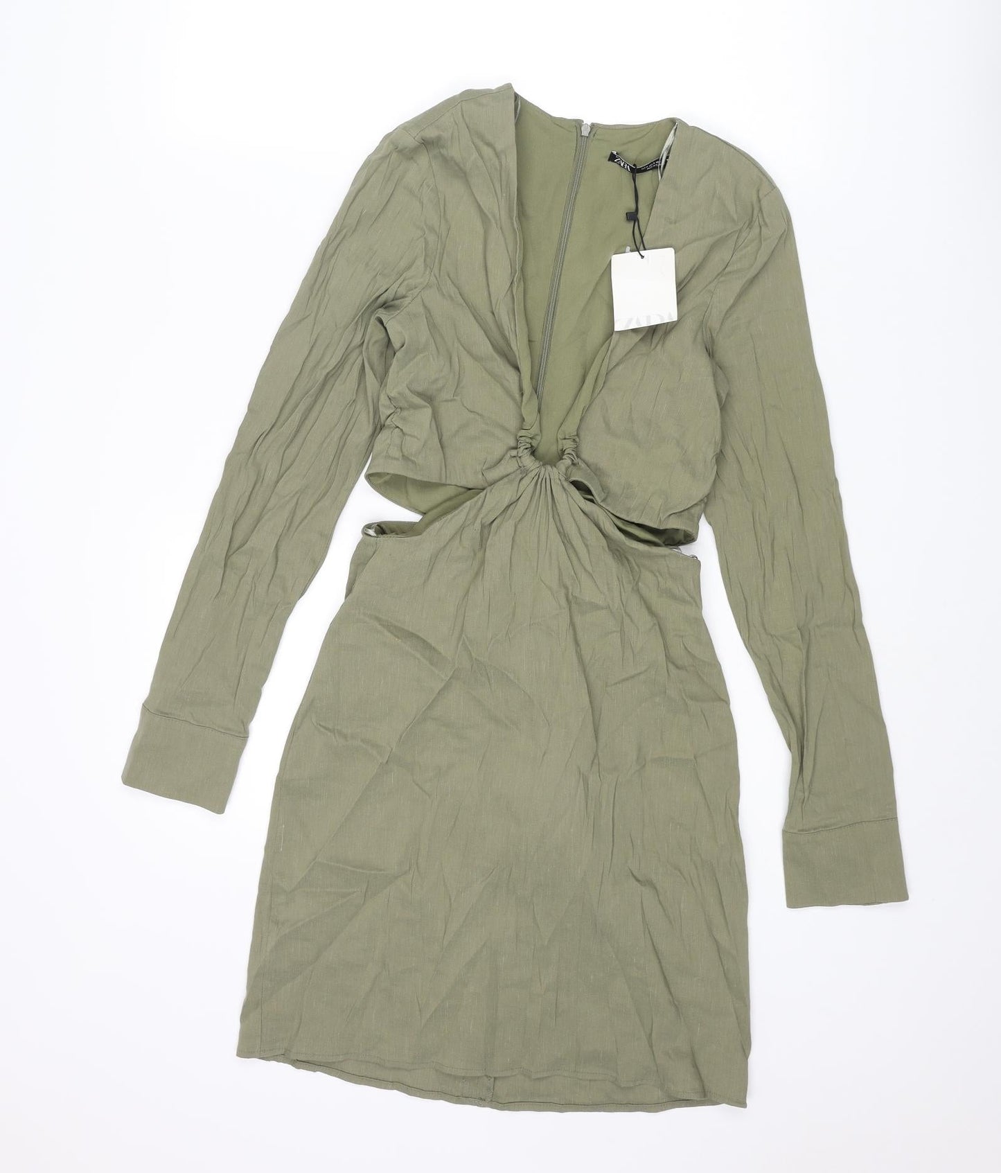 Zara Womens Green Linen Bodycon Size S V-Neck Zip - Cut Out Rouched