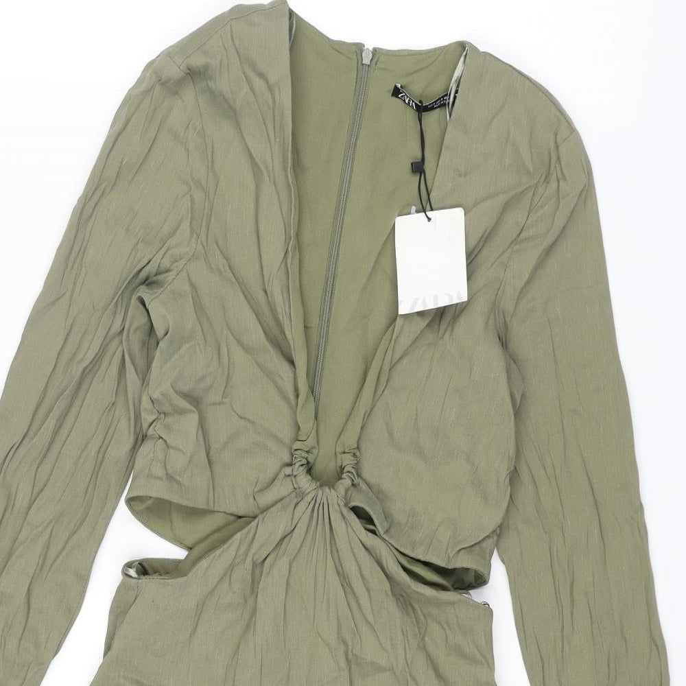 Zara Womens Green Linen Bodycon Size S V-Neck Zip - Cut Out Rouched