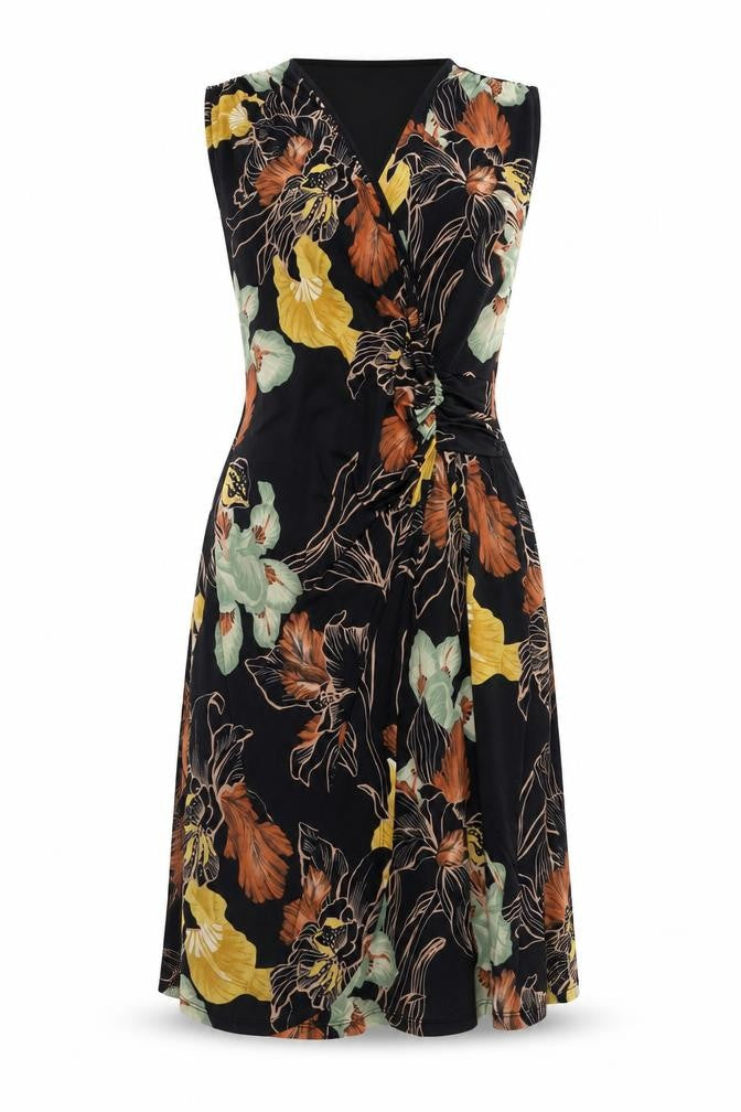 Marisa & Marie Womens Black Floral Polyester Wrap Dress Size L V-Neck Pullover