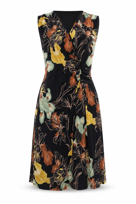 Marisa & Marie Womens Black Floral Polyester Wrap Dress Size L V-Neck Pullover
