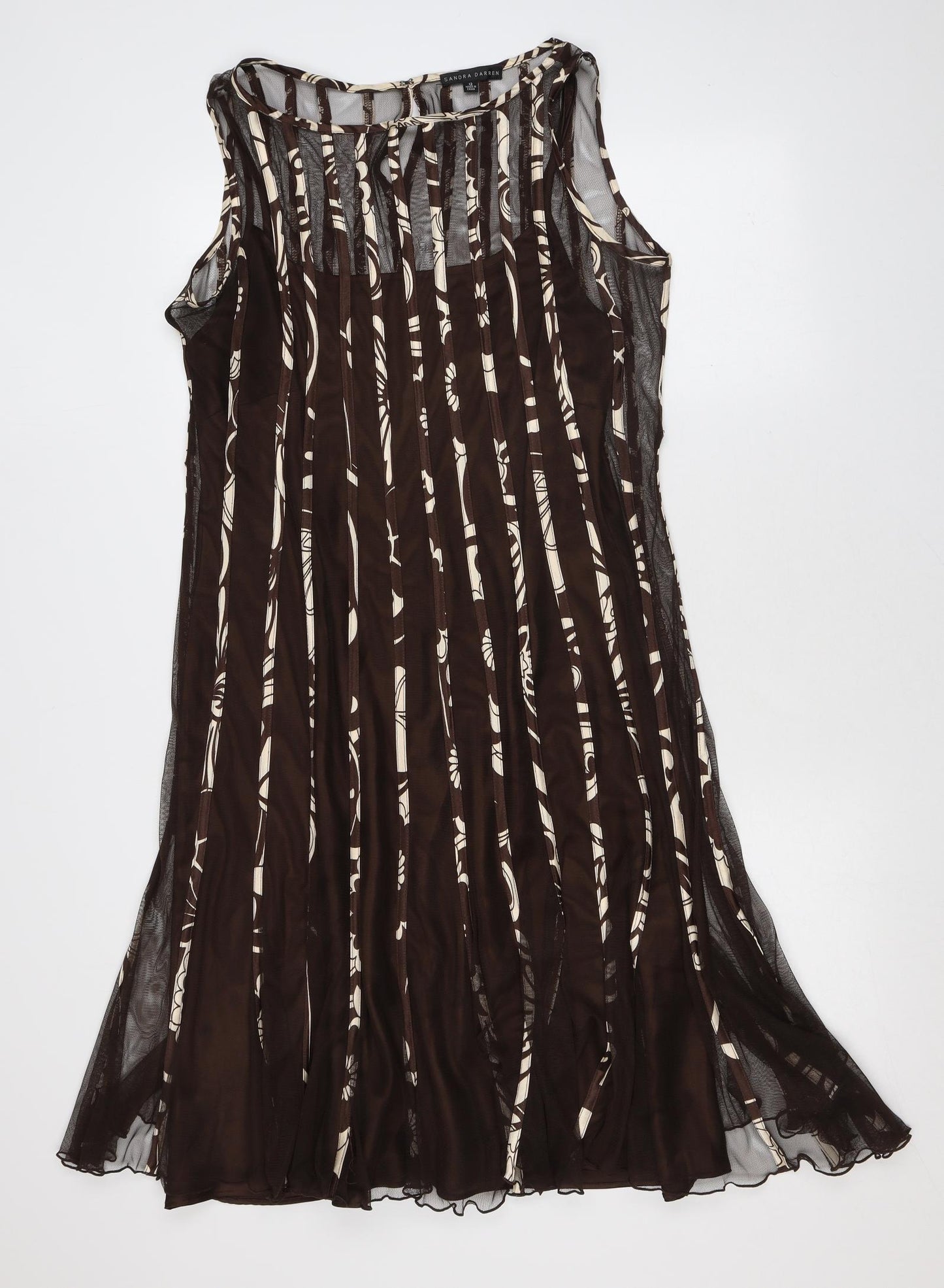 Sandra Darren Womens Brown Geometric Polyester A-Line Size 12 Round Neck Hook & Eye