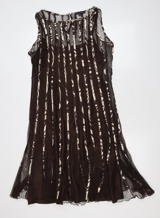 Sandra Darren Womens Brown Geometric Polyester A-Line Size 12 Round Neck Hook & Eye