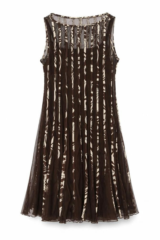 Sandra Darren Womens Brown Geometric Polyester A-Line Size 12 Round Neck Hook & Eye