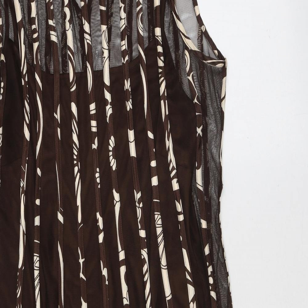 Sandra Darren Womens Brown Geometric Polyester A-Line Size 12 Round Neck Hook & Eye