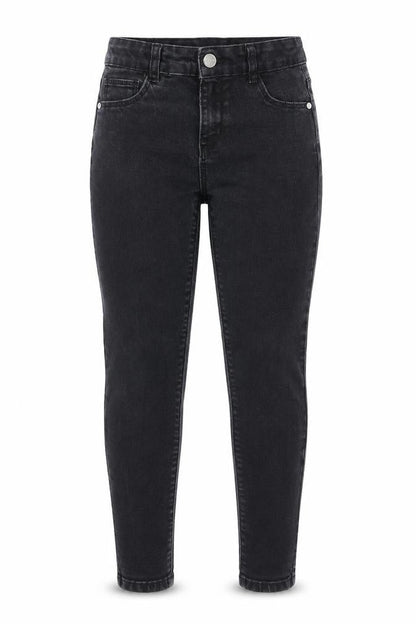 Front view of Denim & Co. girls’ black cotton skinny jeans, size 8-9, years, 21-inch leg regular zip - pockets, belt loops