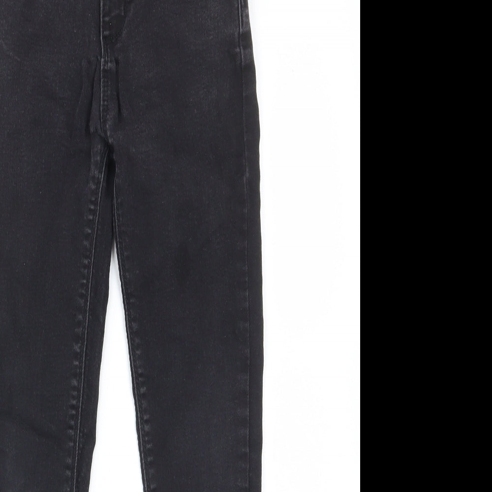 Close-up detail of Denim & Co. girls’ black cotton skinny jeans, size 8-9, years regular zip - pockets, belt loops