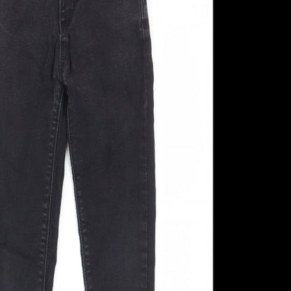 Close-up detail of Denim & Co. girls’ black cotton skinny jeans, size 8-9, years regular zip - pockets, belt loops