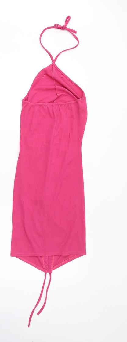 PRETTYLITTLETHING Womens Pink Polyester Bodycon Size 8 Halter Pullover - Ribbed Ruched Front