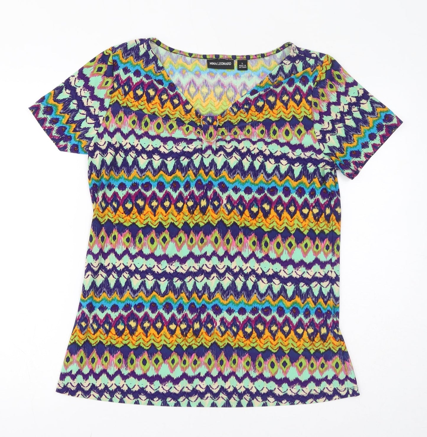 Nina Leonard Womens Multicoloured Geometric Polyester Basic T-Shirt Size L V-Neck