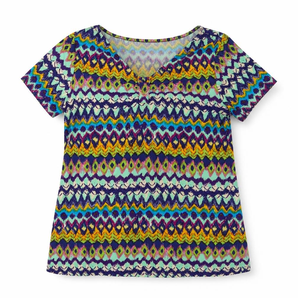 Nina Leonard Womens Multicoloured Geometric Polyester Basic T-Shirt Size L V-Neck