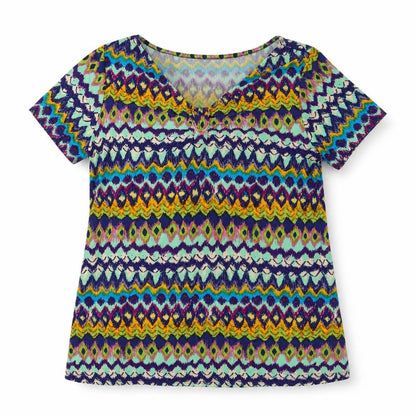 Nina Leonard Womens Multicoloured Geometric Polyester Basic T-Shirt Size L V-Neck