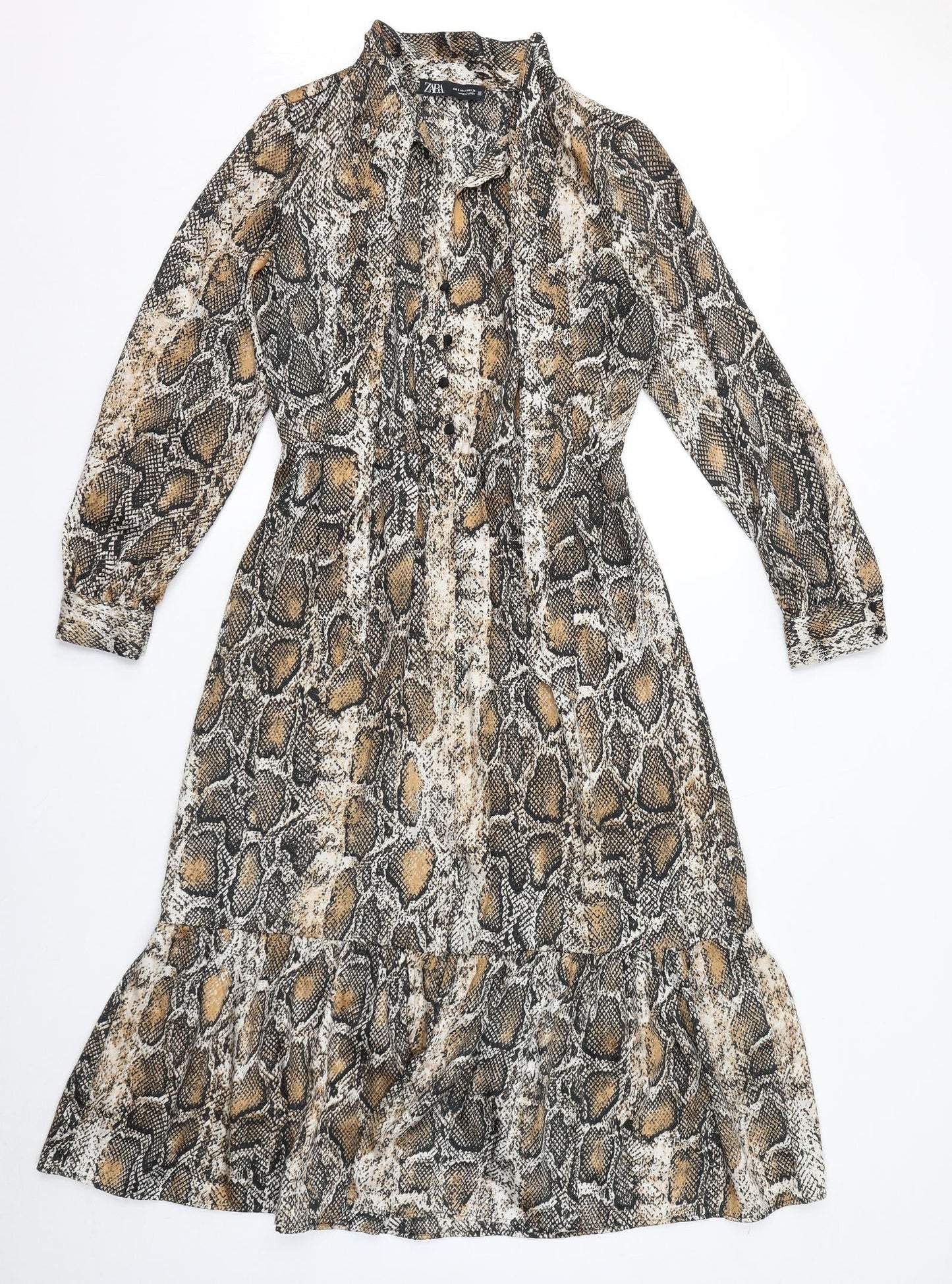 Zara Womens Brown Animal Print Polyester Maxi Size S Mock Neck Button - Snake Print