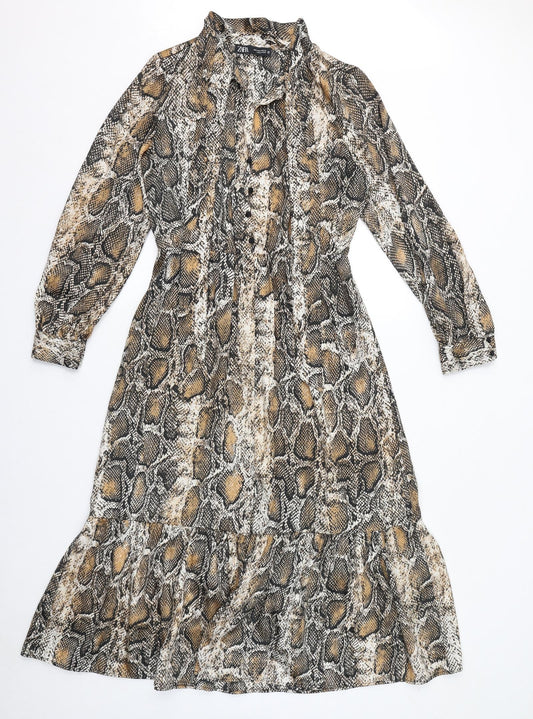 Zara Womens Brown Animal Print Polyester Maxi Size S Mock Neck Button - Snake Print